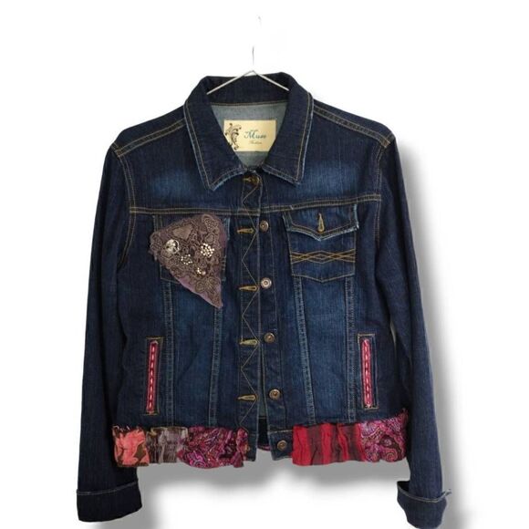 MUDD‎ Womens Jacket Sz Medium Blue Denim Jean Decorative Retro Boho Lace Frills - Picture 1 of 15